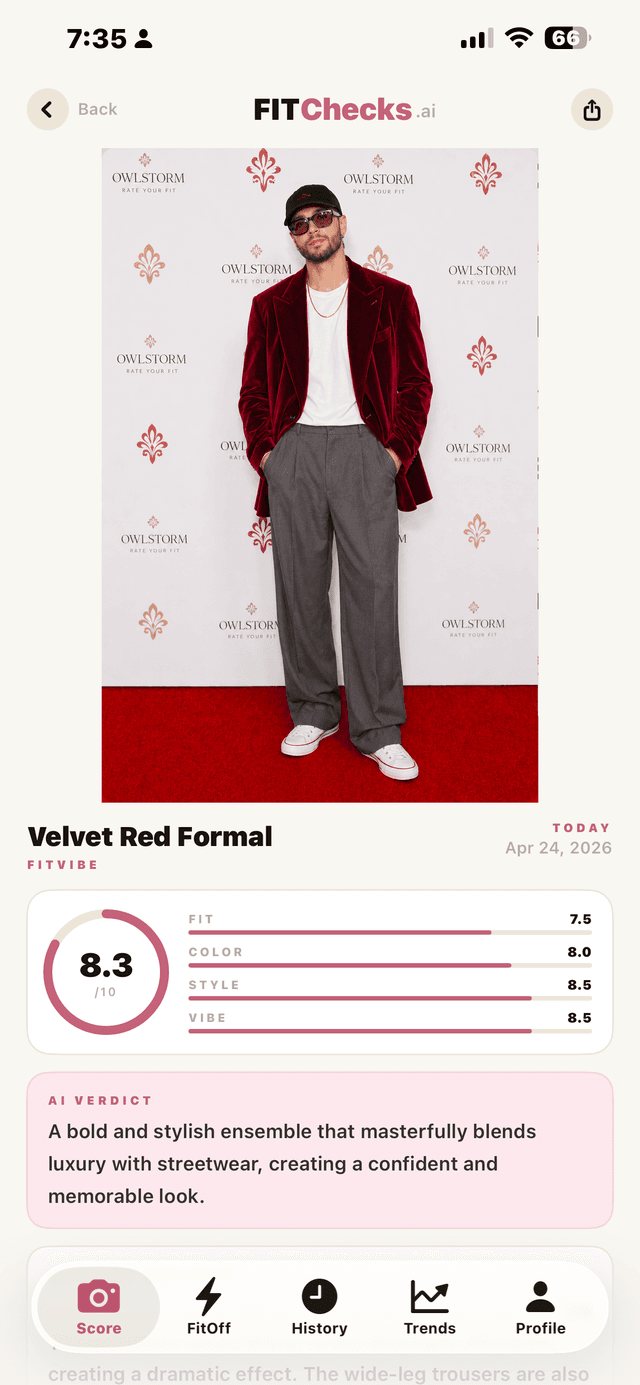 FitChecks app showing 8.3 score